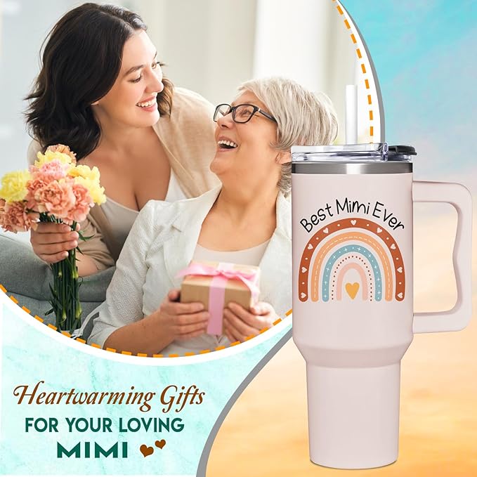 AT2Z GLOBAL Best Mimi Ever Gifts - Mimi Gifts from Grandchildren - Mothers Day, Christmas, Birthday Gift for Grandma - 40Oz Tumbler with Handle for New Grandma