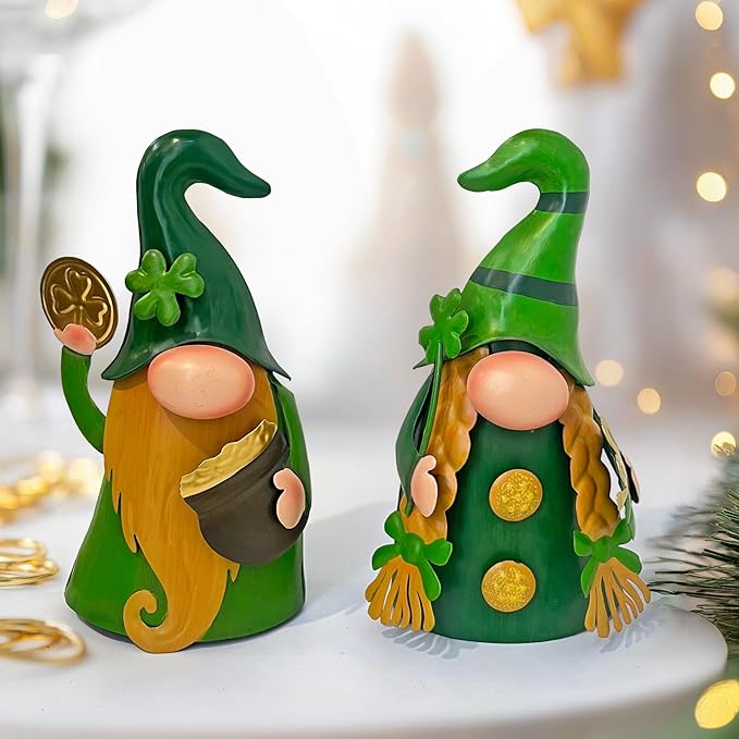 HONGLAND 18 Inch St Patricks Day Decorations Outdoor Gnome Décor, 2Pc Metal Gnomes Figurine with Green Shamrock, Irish Leprechaun St Patrick's Day Decor for Home Outside Garden Lawn Party Yard Patio
