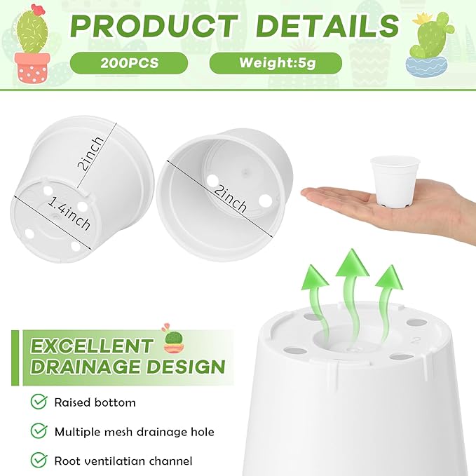 Yaomiao 200 Pcs 2 Inch White Mini Plastic Plant Pot Nursery Seedling Pots Seed Starter with Drainage Holes for Indoor Outdoor Garden Succulent Plants Cuttings Transplanting