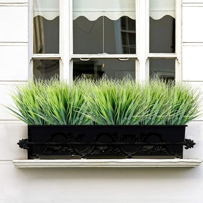 JEMONG 12 Bundles Artificial Grasses Outdoor UV Resistant Fake Grass No Fade Faux Plastic Plants Garden Window Box Decorating(Green Grass)
