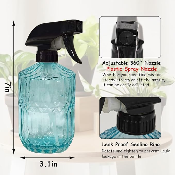 Glass Plant Mister Bottle, 15oz Refillable Water Spray Bottle with Adjustable Mist Nozzle for Indoor Flowers, Outdoor Gardening, Cleaning, Hair and Pets Care (Blue)
