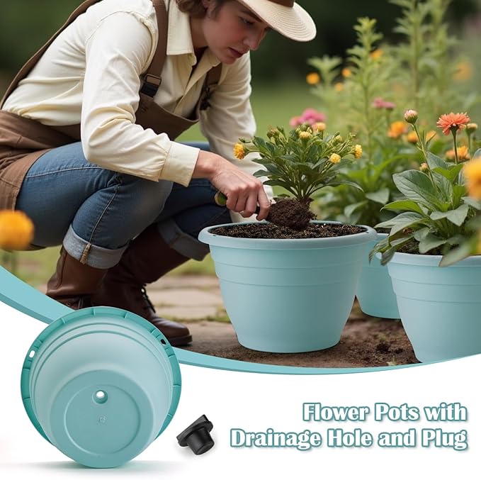 RooTrimmer 3 Pack 11 Inch Plant Pots with Drainage Hole and Plug, Durable Plastic Flower Pots for Indoor & Outdoor Plants, Elegant Mordern Plant Pots Perfect for Herbs, Flowers & Succulents, Blue