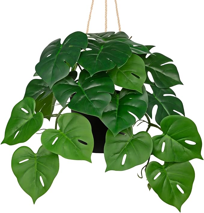 Fake Hanging Plant Artificial Monstera Plant Faux Greenery Leaves in Black Pot for Wall Bedroom Office Desk Bathroom Indoor Outdoor Home Decor