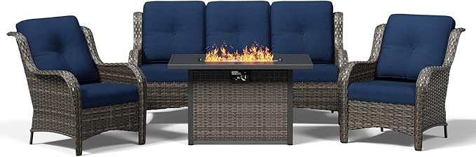 Joyside 4 Piece Wicker Patio Furniture Set with Fire Pit Table, Rattan Patio Chairs with High Back, Deep Seating, Wide Armrest, Thickened Cushions, Outdoor Furniture for Deck, Porch Use
