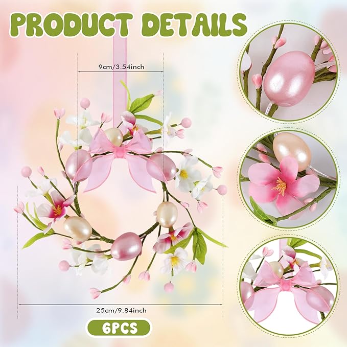 6 PCS Small Easter Wreaths for Kitchen Cabinet Mini Artificial Easter Egg Flower Wreath for Front Door Spring Summer Hanging Wreath with Pink Ribbon Berry for Home Porch Wall Window Farmhouse Decor