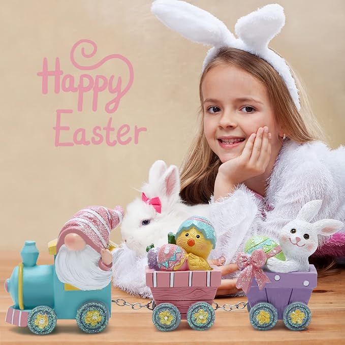 Hodao 8.75" Easter Gnomes Train Decorations, Spring Bunny Handmade Train Figurines for Easter Party Table Top Figurines (Multicolor)