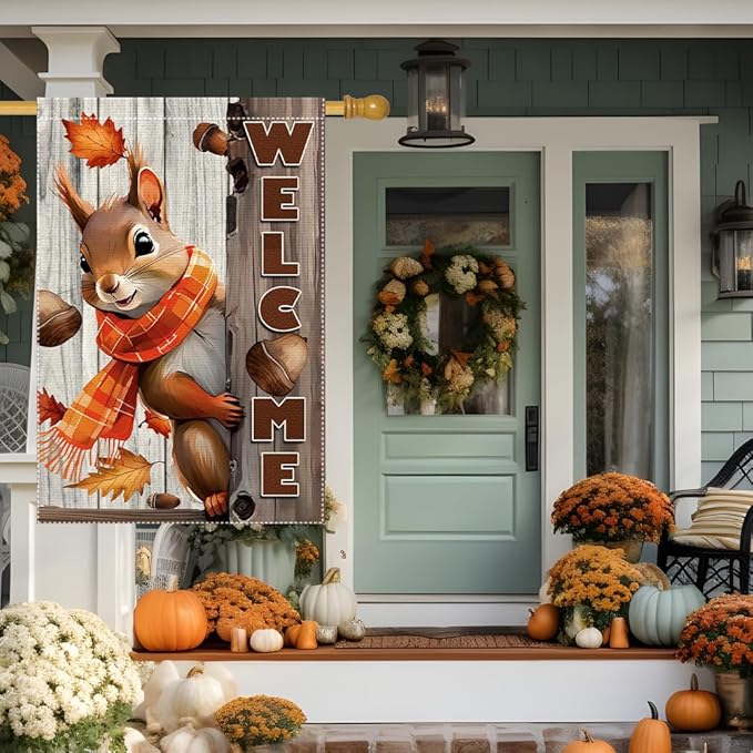 Welcome Fall Garden Flag 28x40inch The Nut Squirrel Fall Autumn Thanksgiving Garden Flags Yard Porch House Flag Double-Side For Home Outdoor Yard Patio Lawn Decor, Garden Decorations (RMQ-718D, 28"X40")