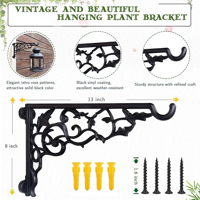 Plant Hanging bracket,13 Inch Aluminum Heavy duty plant hanger,durable rust-resistant Decorative wall mount plant bracket hook for outdoor indoor Hanging Plant Flower Lantern Bird Feeder Wind Chimes