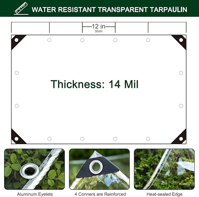 Clear Tarp with Grommets,10x12ft Transparent Heavy Duty Water Resistant Tarp Cover with Reinforced Edge,14Mil Thickened Tear Resistant PVC Vinyl Tarpaulin Enclosure for Patio,Porch and Outdoor