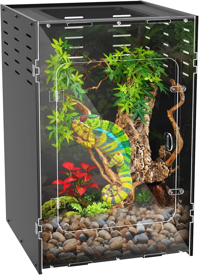 5-Sided Blackout Reptile Tank Enclosure, 16×16×24 inch Crested Gecko Tank Enclosure, Front Opening Reptile Enclosure with Mesh Top for Crested Geckos Small Lizards Tree Frogs & Arboreal Pets