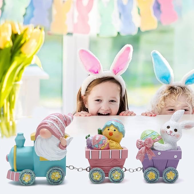 Hodao 8.75" Easter Gnomes Train Decorations, Spring Bunny Handmade Train Figurines for Easter Party Table Top Figurines (Multicolor)