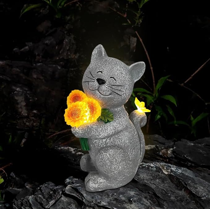 Garden Decor Cat Outdoor Statue with Solar Lights-Solar Garden Gnomes Decorations for Patio Lawn Yard Balcony with Lantern,Welcome Sign with Butterfly Flower, Birthday Gifts for Women Mom (Gray)