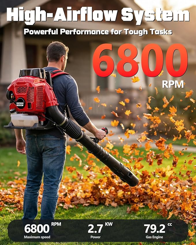 80CC Gas Backpack Blower, 900 CFM 260 MPH Gas Powered Leaf Blower with 2-Stroke Engine, Heavy-Duty Leaf Blower Backpack for Commercial Lawn Care (Red – 80CC)
