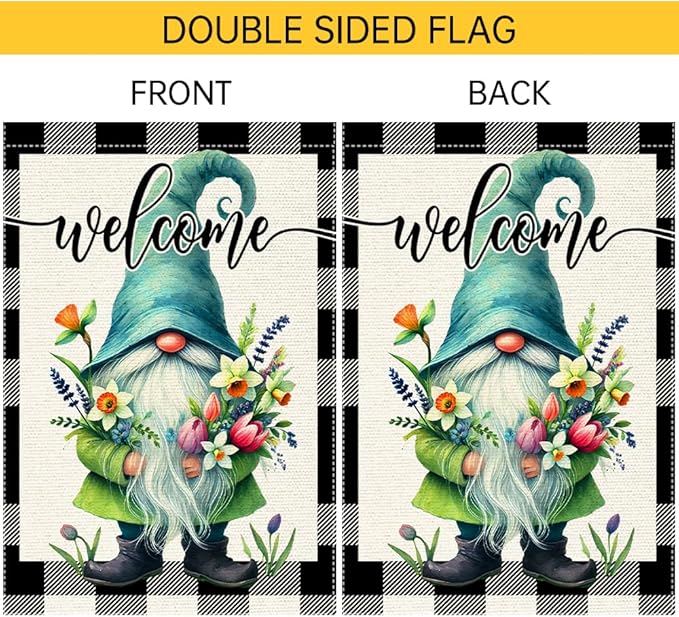 Welcome Spring Summer Gnome Garden Flag Colorful Floral Buffalo Plaid Garden Flags Small Burlap Lawn Seasonal Wildflowers Home Flags Outside Yard 28x40 Inch Double Sided (RMQ-198D, 28"X40")