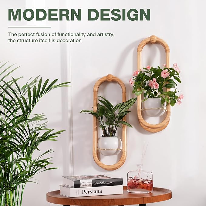 NEKL Wooden Wall Planters for Indoor with Ceramic Pot - Modern Hanging Plant stand Shelf for Indoor Plants, Wall Mounted Plant Holder for Living Room, Bedroom, Wall Decor - Raw Wood Color (Set of 1)