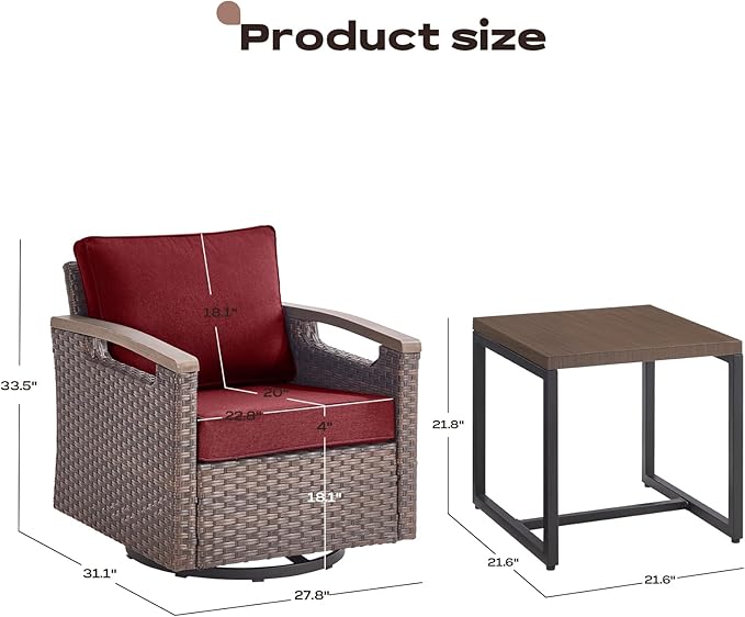 Rilyson Outdoor Patio Swivel Rocking Chairs Set of 2, Patio Bistro Set with All Weather Wicker, Metal Armrest, Deep Seating, Thick Cushions, Side Table, Ideal for Deck Porch Backyard, Brown/Red
