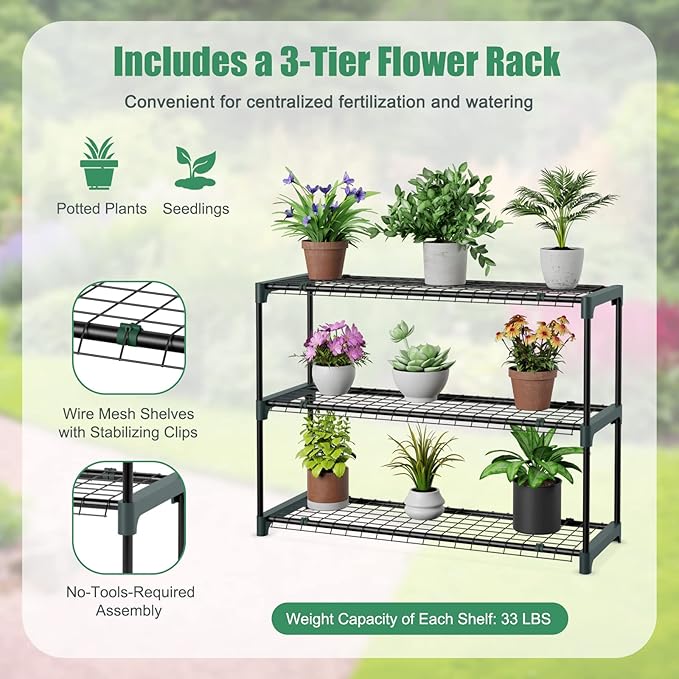SAFSTAR 7 x 3.5 x 7 ft Greenhouse, Mini Lean-to Walk-in Green House with 3 Tiers Flower Rack & Weatherproof PE Cover, Roll-up Zipper Doors, Indoor Outdoor Garden Greenhouse for Seedling & Pot