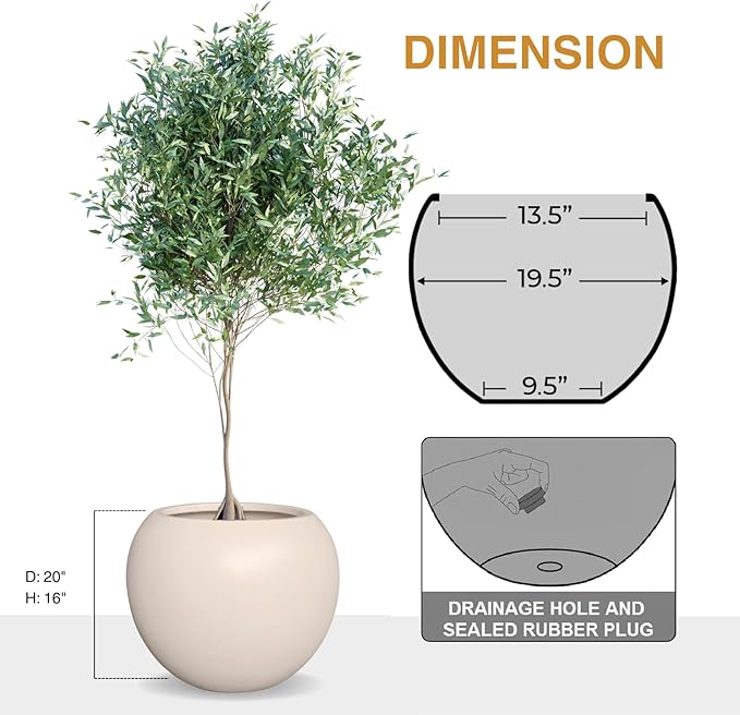 KUTE NEST 16”H x 20”D Globo Fiberstone Round Planter with Drainage Hole, Smooth Finishes, Weather Resistant for Indoor and Outdoor Use, Included 2 Extra Coco Mats (Kilim Beige, 13.5” Pot Opening)