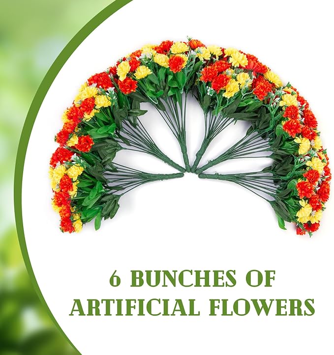 Ammyoo Artificial Flowers for Outdoors Decoration, 6 Bundles Silk Marigold Flower UV Resistant Look Real Faux Plants for Garden Porch Planter Patio Balcony Yard Home Decor (Yellow Orange)