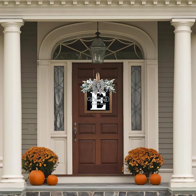 Ultra Large 14'' Last Name All Year Round Front Door Wreath with 26 Initial Letter Welcome Sign All Seasons Eucalyptus Garland and Bow Wreaths for Front Door Porch Farmhouse Decoration (E)