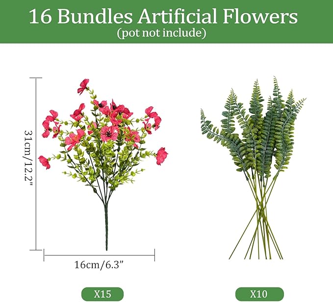 Pinenoya Artificial Faux Plants Flowers Outdoor Decoration,16 Bundles Fake Silk Colorful Daisy Eucalyptus Realistic UV Resistant for Outside Home Planter Porch Patio Yard Decor (Red)