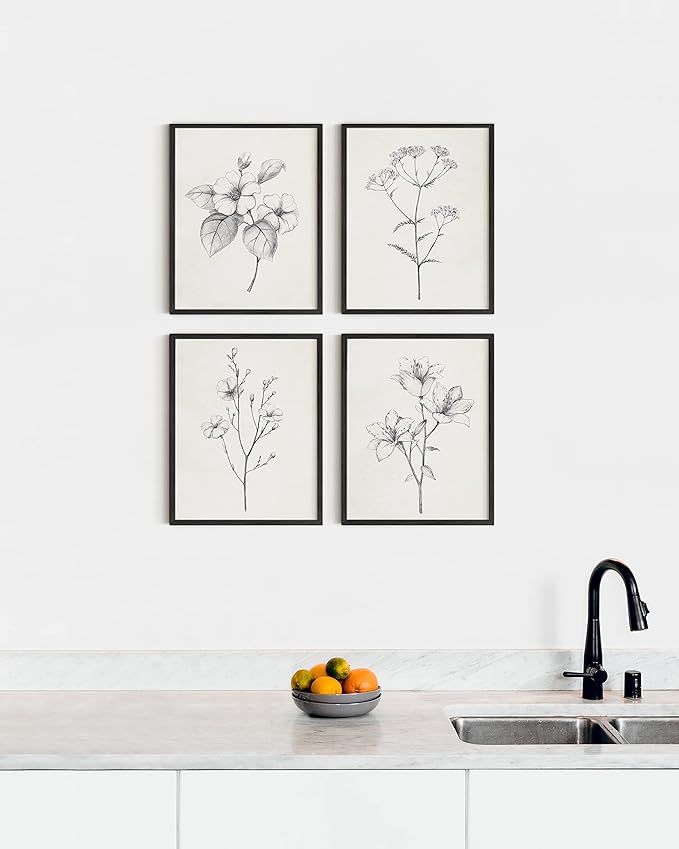 HAUS AND HUES Grey Floral Wall Art - Set of 4 Plant Posters for Wall Vintage, Botanical Prints, Black and White Flower Pictures for Room Aesthetic, Farmhouse Bathroom, Rustic Art (Black Frame, 16x20)