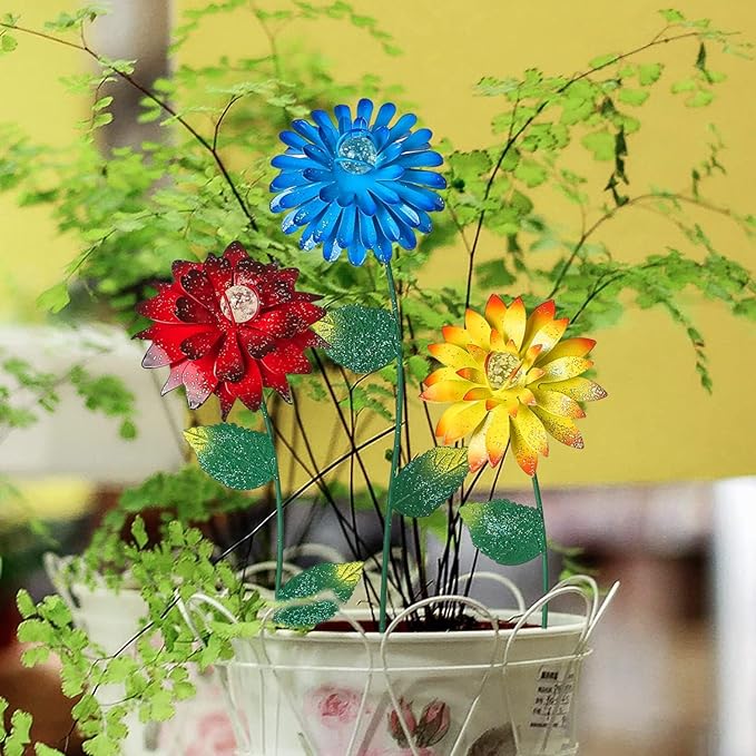 Voltogar 3 Pack Flowers Garden Stake Decoration Glow in Dark for Outdoor, Water-Proof Metal Flowers Ornament for Lawn Pathway Patio Plant Pot, Flower Bed Decor Red, Yellow & Blue, 16" H