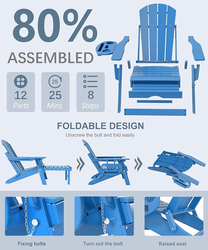 Adjustable Adirondack Chair with Retractable Ottoman Set of 8, HDPE Folding Adirondack Chair with Cup Holder, All Weather Fire Pit Chair for Outdoor.