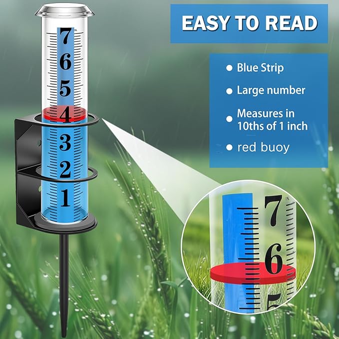 Rain Gauge Outdoor, Accurate Rain Gauges Outdoors Best Rated with Metal Rack Holder, Water Rain Meter with Thickened Plastic Large Font Tube for Yard, Easy to Read with Red Float