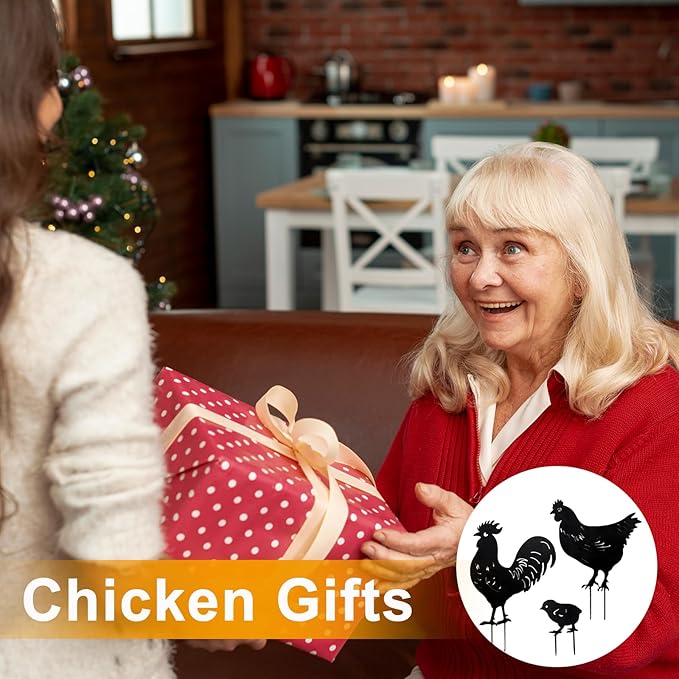 TT & MM Christmas Chicken Gifts for Women/Men,Metal Chicken Yard Decor 3 Pcs Rooster Decorations Garden Stakes,Hen/Chicks Silhouette Statues for Yard Art,Backyard,Patio,Lawn,Outdoor Decor