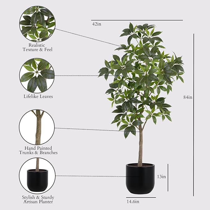 CG Hunter Faux Money Tree, Premium Artificial Indoor Tree Stands 7-ft Tall, Lifelike-Leaves & Hand Painted Trunk, Planter Pot Included