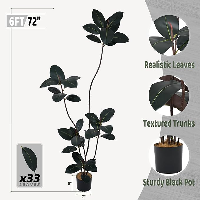 Artificial Rubber Tree 6FT with 33 Glossy Leaves & 5 Heads & Black Pot Cover with Coconut Fiber Realistic Tall Large Faux Tropical Ficus Elastica Plant 72 Inch for Indoor Home Modern Decor