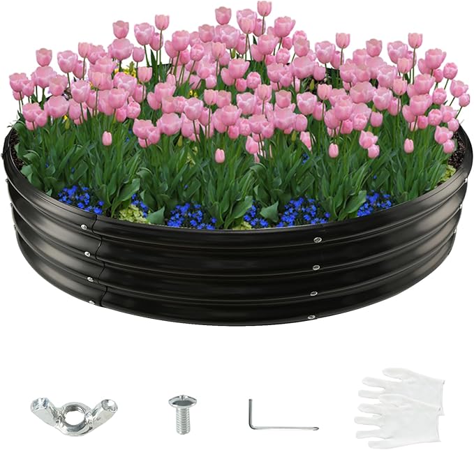 5FT Diameter Galvanized Garden Raised Bed/Plant Box/Fire Pit Ring - 0.8mm Thick,12 Inch Tall,Perfect for Planting a Variety of Flowers,Herbs,Vegetables (Black, 60 Dia X 11.5 inches)