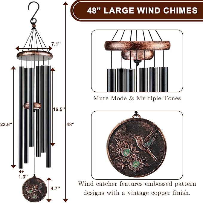 Gabzart Large Wind Chimes for Outside, 48" Vintage Hummingbird Deep Tone Wind Chime Outdoor Clearance with Heavy Tubes, Patio Porch Balcony Decoration, Garden Hanging Decor Gifts for Women Men