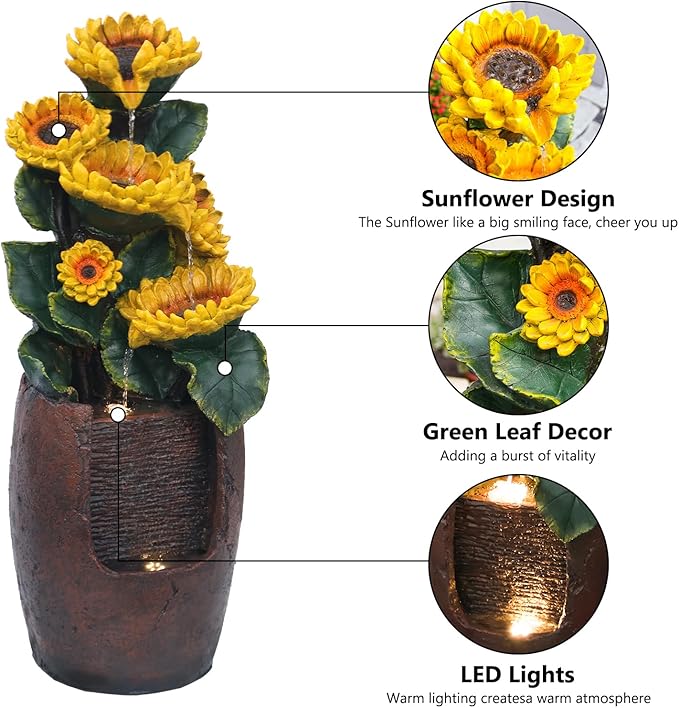 YZM Cascading Sunflower Water Fountain 39.7 Inch Tall 4-Tier Outdoor Fountain for Garden Patio Backyard Freestanding Decorative Waterfall with Lights