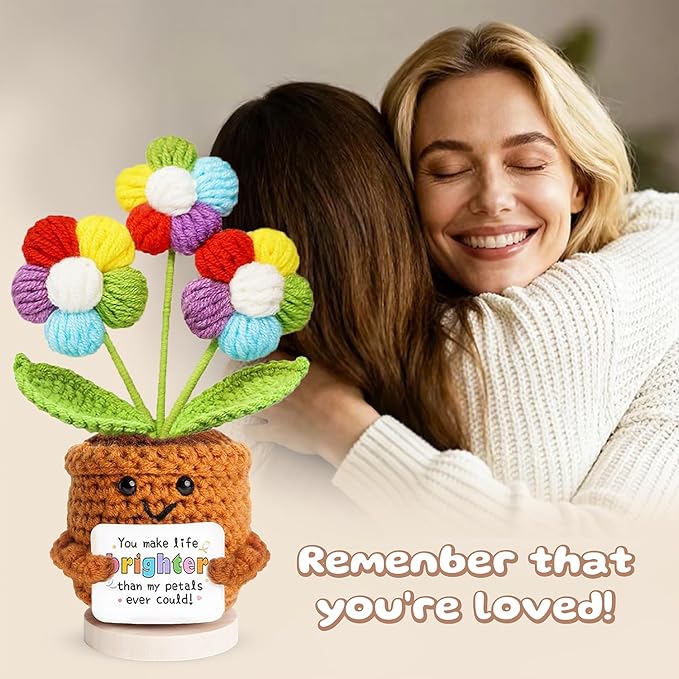 penzoos Emotional Vessels – Rainbow Crochet Flower “You Make Life Brighter”, Handmade Thinking of You Gift for Women, Get Well or Encouragement Present, with Hidden Card “for You with Love”