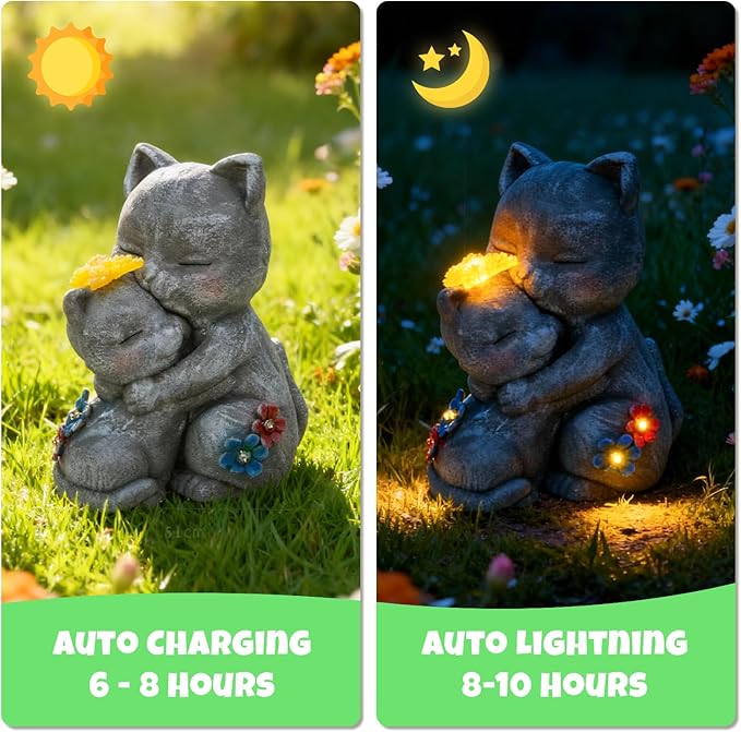 Komothala Solar Garden Statue Light, Cute Cats with Flowers Outdoor Deco for Patio, Lawn, Yard, Housewarming Birthday Gifts for Cat Lovers, Mom,Grandma,Women (Grey Cat)
