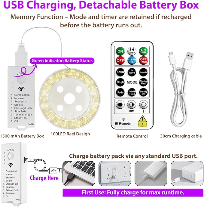 HXWEIYE Rechargeable Fairy Lights with Remote & DIY Timer, 33ft 100LED Battery Operated Twinkle String Lights, 8 Modes Decor Light for Bedroom Indoor Wedding Dorm Christmas Tree Party (Purple)