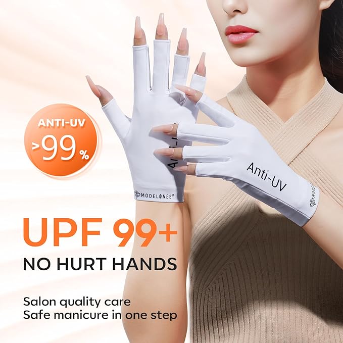 Modelones Premium UPF99+ UV Protection Fingerless Gloves for Gel Manicures, UV/LED Gel Nail Lamp, Nail Art Skin Care, Hand Protection (White)