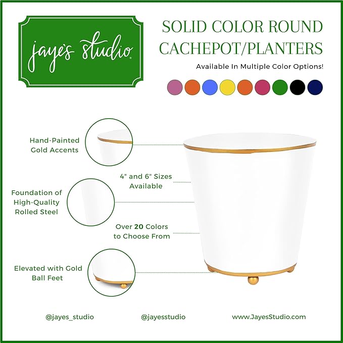 Jaye's Studio Mattie White, Decorative Round Cachepot & Planter, Matte White, Gold Trim & Finish, Hand-Painted, Handcrafted Metal, Luxury Indoor Planter, Size 6"