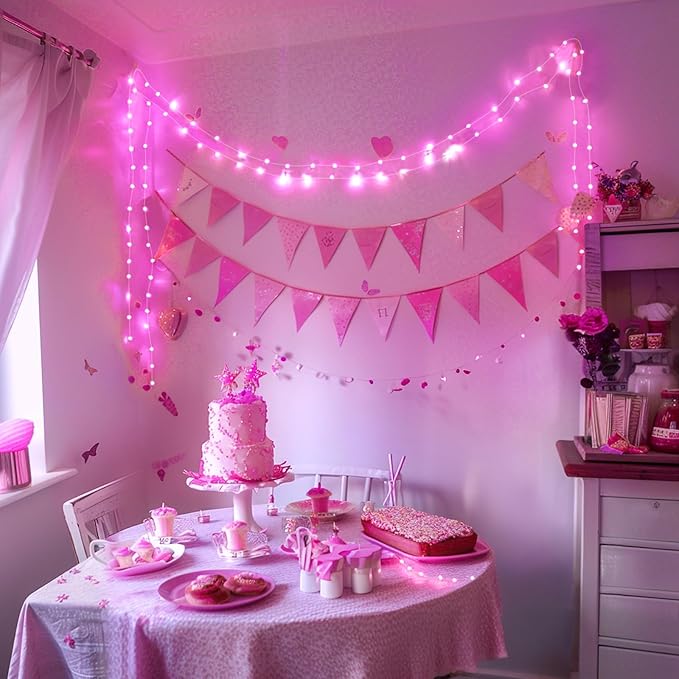 JMEXSUSS 4 Pack 50 LED Pink Fairy Lights Battery Operated, 16.1ft Christmas Fairy Lights Indoor Outdoor Waterproof, Pink String Lights for Bedroom Wedding Birthday Holiday Decorations