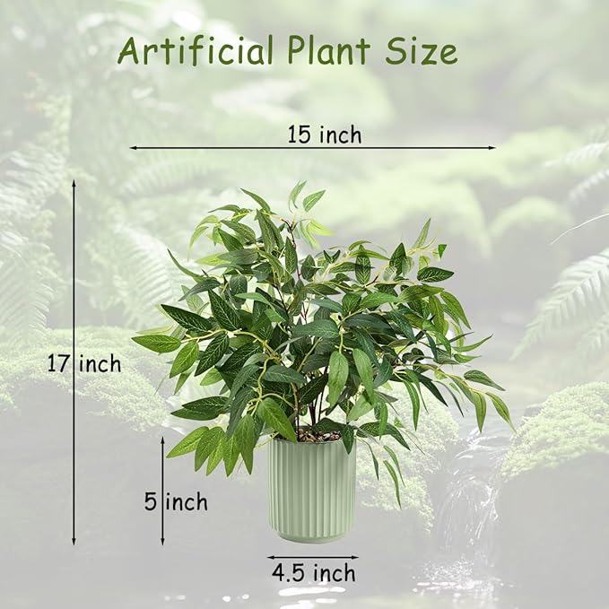 EZBOHO 16" Artificial Willow Leaf Plant in Ribbed Ceramic Pot Lifelike Faux Potted Greenery for Indoor Home Office Table Shelf Living Room Bedroom Bathroom Decor