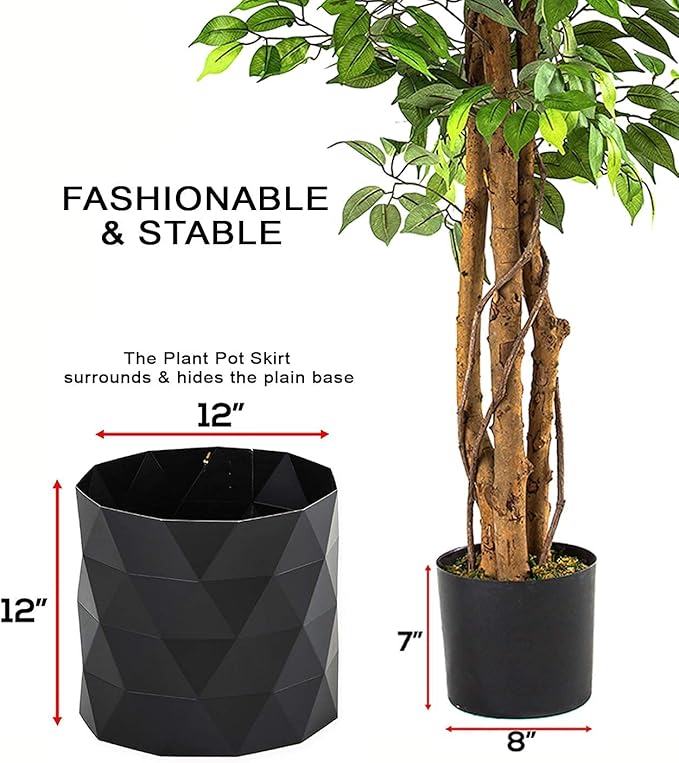 Deluxe 6 Feet Tall FICUS Silk Leaf Artificial Tree + 8" Base + 12" Plant Pot Skirt. 18 Feet of Vine Adorn Wide Real Trunks with Green Leaves + 12" Plant Base Skirt + Bonus USA Flag Style Pot Pant