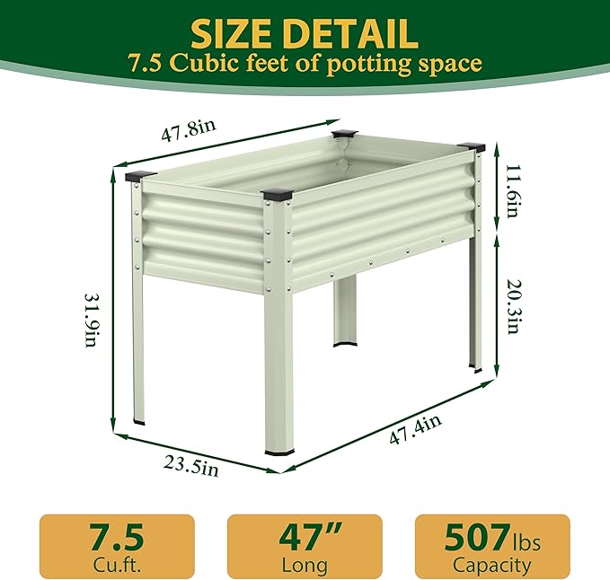 BlueWish 48" W x 24" D x 32" H Raised Garden Bed, Garden Bed with Detachable Black Liner, Drainage Gaps, Galvanized Raised Garden Beds Outdoor 7.5 Cubic Feet, Gardening, Vegetable, Flower, Beige