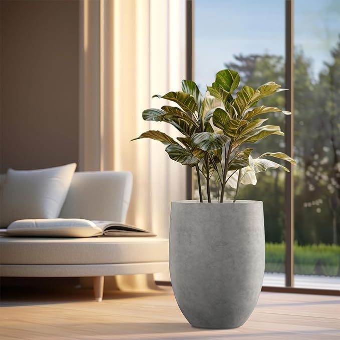 Kante 21.7" H Natural Concrete Tall Planter, Large Outdoor Indoor Decorative Pot with Drainage Hole and Rubber Plug, Modern Round Taper Style for Home and Patio