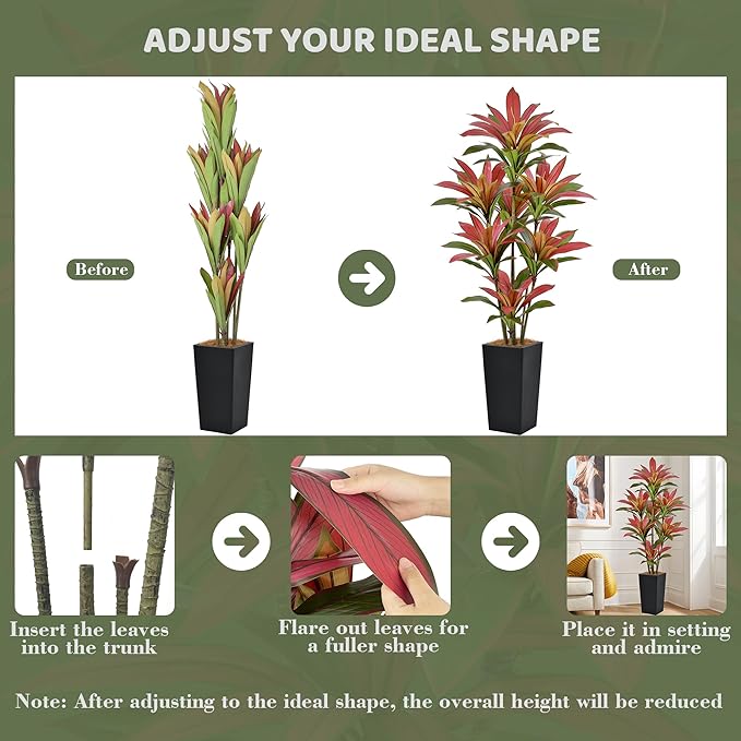 Roselywed Artificial Red Dracaena Tree 6FT with 114 Leaves & 7 Heads & Black Tall Planter Cover with Coconut Fiber Tall Faux Tropical Silk Bicolor Plant 72 Inch for Indoor Home Office Porch Mall Decor