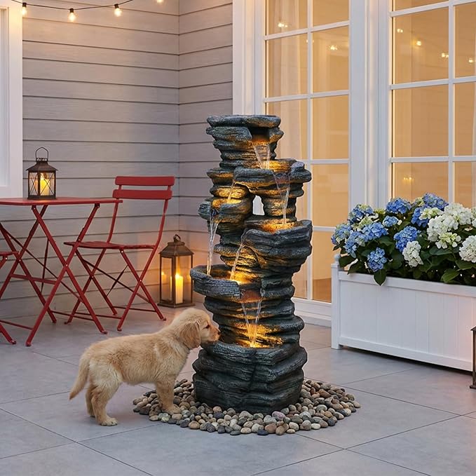 42.5" H Garden Outdoor Water Fountain with LED Lights & Pump, Mutiply-Tier Cascading Outdoor Fountain Suitable for Garden/Patio/Yard/Deck/Balcony and Home Art Decor（Resin）