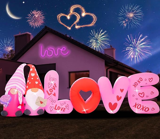 12FT Valentine Inflatables Outdoor Decorations-Love Valentines Day Inflatable Gnome Hold Rose Blow Up Yard Decorations with LED Lights Spring Outside Holiday Party Garden Lawn Decor