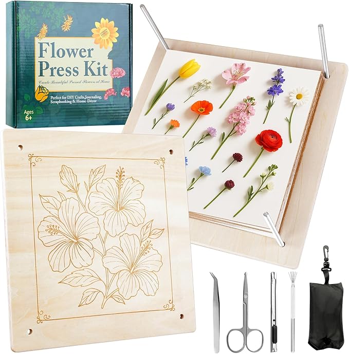 MeRGBWLife Flower Press Kit 11"x11" - Large Wooden 10-Layer Flower & Plant Press for Crafts, DIY Art, Scrapbooking, Bookmark Making, Wedding Bouquet Preservation, Dried Flowers