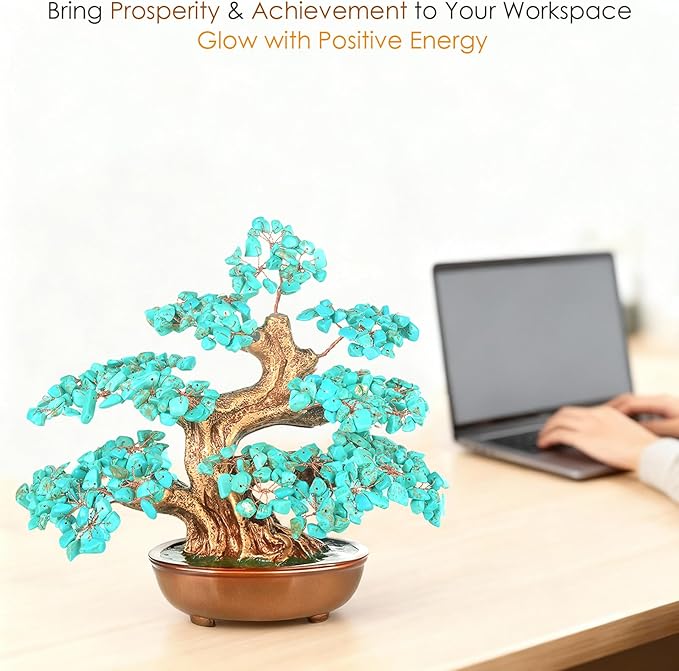 MASGEMES Natural Turquoise (360 Large Beads) Crystal Tree Bonsai – Throat Chakra Healing Tree of Life, Feng Shui Positive Energy Decor for Home Office & Meditation Spaces 8''